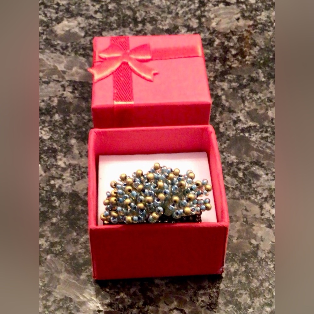 Turquoise & Gold Bead Cocktail Ring - 6.5